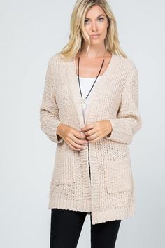 Audrie Loose Knit Classic Open Front Cardigan - Jolie Vaughan | Online Clothing Store in Baton Rouge Soft Knit V-neck Outerwear, Open Knit Cardigan For Loungewear, Comfortable Soft Knit Long Sleeve Outerwear, Comfortable Long Sleeve Soft Knit Outerwear, Casual Sweater Coat With Soft Texture For Spring, Comfy Soft Knit Long Sleeve Outerwear, Beige Long Sleeve Soft Knit Cardigan, Knit Outerwear For Everyday, Casual Soft Texture Sweater Coat For Spring