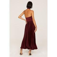 Red velvet (100% Polyester). Hourglass. Sleeveless. Halter neck. Back zipper closure. 40" from shoulder to hemline. Imported. Glamorous Sleeveless Pleated Midi Dress, Glamorous Sleeveless Pleated Evening Dress, Elegant Sleeveless Velvet Dress For Party, Chic Midi-length Velvet Dress, Party Velvet Burgundy Dress, Red Velvet Gala Dress, Sleeveless Velvet Evening Dress For Night Out, Glamorous Sleeveless Velvet Evening Dress, Glamorous Evening Sleeveless Velvet Dress