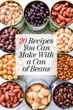 twelve tins filled with different types of beans in them and the title reads 20 recipes you can make with a can of beans