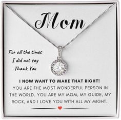 "A gift of appreciation for your mom! Pendant Necklace with a Touching Message. Our Eternal Hope Necklace is the perfect gift for your loved ones and will become a versatile accessory for any occasion. From a heart-warming Mother's Day present or birthday gift, or just because, this unique necklace adds a classic touch to any outfit. CARD READS For all the times I did not say Thank You. I now want to make that right! You are the most wonderful person in the world. You are my mom, my guide, my rock, and I love you with all my might.  💗 FREE DELIVERY ANYWHERE IN THE U.S. 💗 Orders Are Created And Shipped Within 1 Day CUBIC ZIRCONIA Cubic Zirconia Stones will give off a noticeable rainbow prism of colored light. NECKLACE DETAILS  14k white gold finish over stainless steel 8mm cushion-cut cen Mother's Day Inspirational Jewelry With Gift Box, Inspirational Jewelry For Mother's Day With Gift Box, Elegant Gift Wrapped Jewelry For Mother's Day, Elegant Gift-wrapped Jewelry For Mother's Day, Mother's Day Necklace With Gift Box, Inspirational Jewelry For Birthday Gift On Valentine's Day, Inspirational Jewelry Gift With Box, Inspirational Jewelry With Gift Box, Elegant Anniversary Jewelry Gift Wrapped