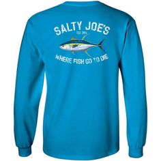 Salty Joe's Tuna Long Sleeve Fishing T Shirt - Joe's Surf Shop Blue Pre-shrunk Long Sleeve Shirt, Pre-shrunk Long Sleeve Tops For Outdoor, Casual Crew Neck Shirt For Fishing, Long Sleeve Cotton T-shirt For Surfing, Casual Crew Neck Top For Fishing, Fish Print Crew Neck Top For Fishing, Cotton Tops With Fish Print For Fishing, Surf Wear, Fishing T Shirts