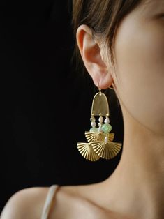 「Chinoiserie」Golden Fan Pearl Chandelier Earrings | Jewelry | Three Fleas