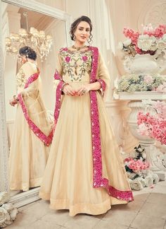 #pink #brown #silk #anarkali #salwarkameez | silk jacquard fabric | heavy embroidey | heavy dual santoon | heavy net with embroidered work dupatta | occasional wear | Beige Floor, Drashti Dhami, Punjabi Fashion, Frock Style, Abaya Style