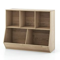 a wooden bookcase with four compartments on the front and one section open to show books