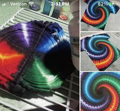 several pictures of different colors of yarn on a rack and in the process of being dyed