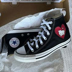 Brand New In The Box Never Worn Perfect Condition Price Firm Converse Shoes Black, Sanrio Shoes, Hello Kitty Converse, Black Hello Kitty, Converse Tennis Shoes, Converse Shoes Womens, Purple Canvas, Converse Run Star, All Stars Converse