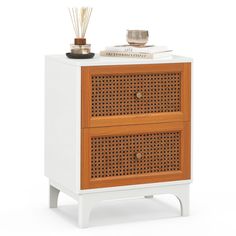 a white and wood cabinet with two drawers