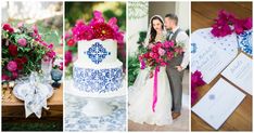 a collage of photos with different wedding colors and designs on them, including a cake