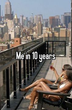 a woman sitting on top of a wooden bench next to a tall building with the words me in 10 years