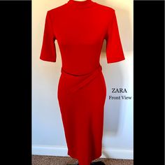 Zara Mock Turtleneck Dress W/ Belt Condition: Never Worn Length: Hits Right By The Knee Material: 95% Polyester 5% Elastic Red Stretch High Neck Dress, Red High Neck Stretch Dress, Red High Neck Mini Dress For Spring, Red Midi Dress For Summer Workwear, Chic High Neck Midi Dress By Zara, Red Summer Midi Dress For Work, Flattering Fitted Red Dress, Red High Neck Dress For Date Night, Zara High Neck Midi Dress