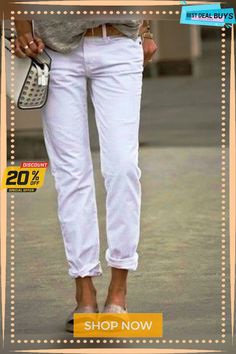 White Casual Cotton-blend Fashion Solid Pants Casual Straight Jeans For Day Out, Trendy Ankle-length Jeans For Summer, Trendy Ankle-length Summer Jeans, Mid-rise Solid Color Pants For Spring, White Solid Color Pants For Spring, Trendy White Tapered Leg Pants, Summer Workwear Ankle-length Jeans, Ankle-length Jeans For Summer Workwear, White Casual Ankle-length Jeans