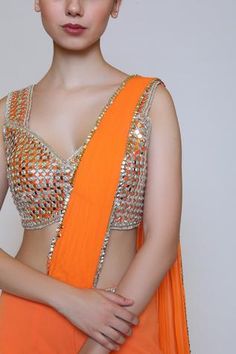 Shop for Preeti S Kapoor Orange Georgette Draped Gharara Saree Set for Women Online at Aza Fashions Gharara Saree, Orange Drapes, Dhoti Saree, Scallop Border, Mirror Embroidery, Orange Saree, Drape Saree, Types Of Work, Luxury Sale