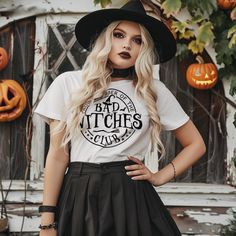 Elevate your spooky season wardrobe with our "Bad Witches" Bella+Canvas 3001 tee! Crafted with the softest Airlume combed and ring-spun cotton, this shirt is designed for comfort and style. Whether you're casting spells or just enjoying Halloween vibes, this shirt is your go-to choice. Perfect for witch lovers, Halloween parties, or just embracing your inner witch, this tee combines a trendy design with unmatched quality. Key Features: - Material: Made from 100% Airlume combed and ring-spun cott Spooky Fitted Halloween Tops, Spooky Fitted Tops For Halloween, Fitted Grunge Halloween T-shirt, Fitted Witchy Top For Halloween, Witchy Halloween Crew Neck T-shirt, Witchy Crew Neck Halloween Tops, Witchy Crew Neck Top For Halloween, Fitted Spooky T-shirt For Fall, Witchy Halloween T-shirt With Letter Print