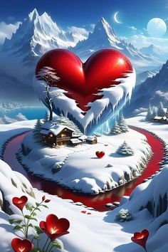 a heart shaped house in the middle of a snow covered landscape with mountains and trees