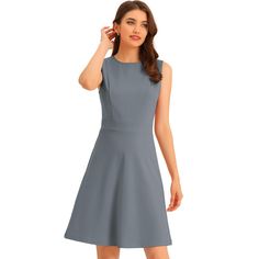 Offer a clean and polished look for the day with this sleeveless dress. This a-line pure color dress with sleeveless accents flatters your silhouette. Cut from stretch knit fabric and featuring a round neck, a-line silhouette, and above-the-knee. Wear yours with heels for an elegant look. Whether you're in the office or out on the town, this dress is perfect for any occasion. Sleeveless Solid Color Midi Dress For Work, Sleeveless Fit And Flare Midi Dress For Work, A-line Sleeveless Dress For Office In Spring, Fit And Flare Knee-length Sleeveless Dress, Fit And Flare Sleeveless Knee-length Dress, Solid A-line Mini Dress For Office, Solid Color Sleeveless Knee-length Fit And Flare Dress, Solid Color Fit And Flare Sleeveless Dress, Solid Color A-line Mini Dress For Office