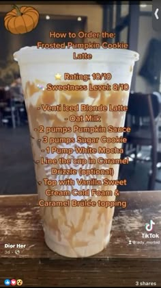 an iced drink in a plastic cup with information about the ingredients and how to use it