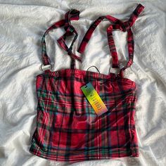 Cute Limited-Edition Red Plaid Crop Top From Dolls Kill’s Current Mood Line, Tied At The Shoulders With Metal Hardware Detailing And Green And Dark Blue Accents. Size: Women’s Xs. Brand New, Unworn With Original Tag. Dark Blue Plaid, Plaid Crop Top, Black Spaghetti Strap, Black Goth, Festival Shirts, Lace Top Long Sleeve, Black Zip Ups, Cropped Flares, Current Mood