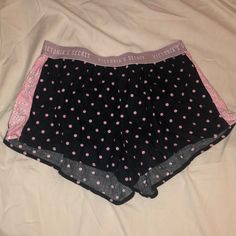 Shimmery Pink Waist Band Side Of The Shorts Says “Love” As Pictured Black With Pink Polka Dots *Items Will Be Shipped Within 48 Hours Of Your Purchase. *If You Would Like Any Additional Photos Or Have Any Questions Please Let Me Know. *Sorry, No Trades And No Returns, But Willing To Listen To Any Fair Offers. *Will Not Sell Anything Below $6. Thank You! Pink Elastic Waistband Shorts For Pajama Party, Pink Stretch Pajama Shorts For Lounging, Pink Stretch Sleepwear With Elastic Waistband, Pink Pajama Shorts With Elastic Waistband For Lounging, Pink Elastic Waistband Pajama Shorts For Lounging, Cute Black Loungewear Bottoms, Pink Stretch Shorts For Lounging, Pink Short Bottoms For Sleepover, Casual Black Victoria's Secret Sleepwear