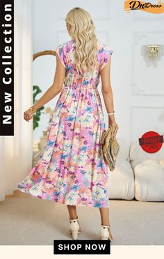 Floral V-neck A-line Midi Dress Multicolor Surplice Neckline Midi Dress For Spring, Spring Multicolor Midi Dress With Surplice Neckline, Flowy A-line V-neck Dress For Summer, Casual Pink A-line Maxi Dress, Summer Fit And Flare V-neck Dress, Multicolor Non-stretch V-neck Maxi Dress, Feminine A-line Vacation Dress, Summer A-line V-neck Fit And Flare Dress, Fit And Flare V-neck Summer Dress