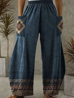 Bohemian Non-stretch Straight Leg Bottoms, Bohemian Straight Leg Non-stretch Bottoms, Casual Patterned Bottoms For Fall, Casual Patterned Bottoms With Pockets, Casual Patterned Fall Bottoms, Casual Fall Patterned Bottoms, Non-stretch Casual Printed Pants, Patterned Long Pants With Pockets, Bohemian Blue Straight Leg Pants