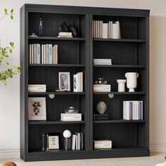 a black bookcase filled with lots of books next to a vase and potted plant