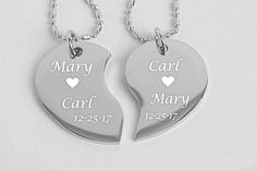 "This engraved silver broken heart necklace can be personalized for the sweetheart in your life. Our custom split heart necklace set can be engraved on both sides with names, dates or a message of love. If you would like a heart engraved between names or on any line you can simply type the word \"heart\" into the desired location. The 2 piece broken heart necklace can also be a wonderful gift for your best friend. 2 NECKLACES INCLUDED [pictured] custom sizes available For Extra Curb Chains Pleas Best Friend 2, Heart Necklace Silver, Friend 2, Silver Necklace Set, Jewellery Marketing, Valentines Day Gifts For Him, Silver Heart Necklace, Valentines Necklace, Personalized Valentines