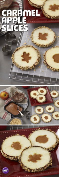 homemade caramel apple slices on a baking sheet and in the process of being baked