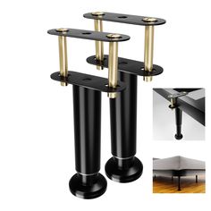 three black and gold metal poles on top of each other with two different pictures in the background