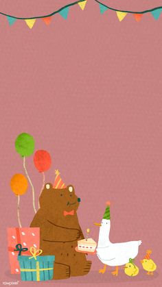 a bear with a party hat and balloons next to a duck holding a birthday cake