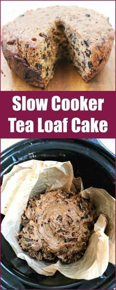 two pictures with the words slow cooker tea loaf cake on top and in the middle