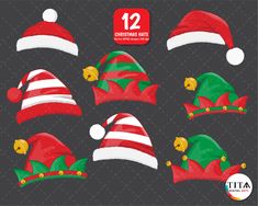 christmas hats with bells and bells on the top, set of twelve different designs in red and