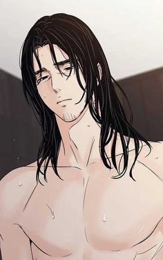 an anime man with long hair and no shirt