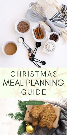 christmas meal planning guide with cookies, spices and measuring spoons next to it on a white surface