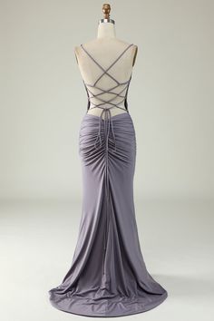 Fitted Evening Dress With Ruched Back For Wedding, Elegant Mermaid Dress With Spaghetti Straps For Evening, Elegant Spaghetti Strap Mermaid Dress, Elegant Purple Dress With Corset Back, Elegant Floor-length Mermaid Dress With Corset Back, Elegant Evening Dress With Lace-up Back, Elegant Backless Mermaid Dress With Back Opening, Elegant Party Gown With Lace-up Back, Ruched Backless Evening Dress For Prom