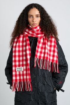 Made from responsible wool, this season's gingham scarf boasts classic style with a contemporary, circular twist. •Gingham design •DM branding tab •100% responsible wool •Designed in London Gingham Scarf, Damson Madder, Checked Scarf, Hooded Scarf, Striped Scarves, Red Gingham, Pink Gingham, Cold Weather Accessories, Striped Cardigan