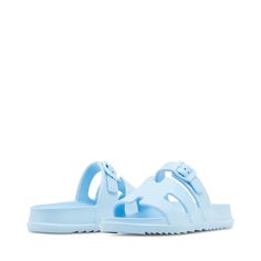 Crafted with high-quality EVA material, the Madden Girl Darling sandals offer a lightweight and durable design that ensures long-lasting wear. Light Blue Flat Sandals For Summer, Light Blue Cushioned Sandals For Spring, Blue Slides With Buckle Closure For Summer, Blue Buckle Closure Slides For Summer, Light Blue Open Toe Sandals For Summer, Blue Flat Sandals With Buckle Closure, Adjustable Light Blue Sandals For Spring, Casual Light Blue Sandals For Vacation, Blue Footbed Sandals With Buckle Closure For Summer