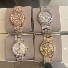 Michael Kors Watches Buy Together Or Each For $125 Brand New With Tags Rose Gold, Silver, Two-Toned Or Gold Rose Gold And Two-Toned Are Missing 1 Diamond. Michael Kors Earrings, Michael Kors Bracelet, Slider Necklace, Green Princess, Toggle Clasp Bracelet, Gold Michael Kors Watch, Michael Kors Jewelry, Crystal Watches, Silver Charm Bracelet