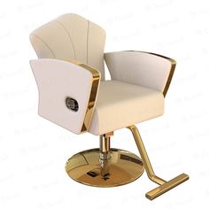 a white chair with gold trimmings and a mirror on the back of it