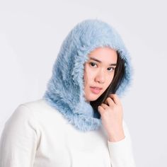 Winter balaclava outfit inspiration for women with our blue faux fur winter balaclava hat. Winter Balaclava, Fur Mittens, Fur Mitten, Wool Gloves, Fall Hats, Knitted Hood, Knitted Slippers