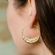 Medium Hoop Art Nouveau Gold Tone | Crescent Moon Flower Earrings (238B) Brass Hoop Earrings With Ear Wire, Pierced Brass Hoop Jewelry, Handmade Crescent Brass Jewelry, Small Hoop Pierced Brass Jewelry, Artisan Gold Hoop Earrings, Artisan Gold Hoop Earrings With Hammered Detail, Adjustable Brass Hoop Earrings With Ear Wire, Bohemian Crescent Hoop Earrings With Ear Wire, Gold Crescent Hoop Earrings In Brass