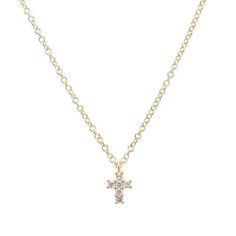 14k Yellow Gold Petite Cross Necklace with prong set diamonds. Pendant approx 1/4" Long 14k Yellow Gold .05cw Diamonds 16" Long, pendant 1/4" Made in USA 14k Gold Diamond White Cross Pendant Necklace, Diamond White 14k Gold Cross Pendant Necklace, 14k Gold Brilliant Cut Cross Pendant Necklace, Dainty Yellow Gold Necklace With Prong Setting, Gold Diamond Necklace With Cross Pendant, Gold Necklace With Cross Pendant In Prong Setting, Gold Diamond Cross Pendant Necklace With Single Cut Diamonds, 14k Gold Cross Pendant Necklace With Diamond Accents, Gold Cross Pendant Diamond Necklace With Single Cut