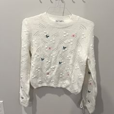 Zara White Sweater, Floral, Size M, Tied Cuffs, 53% Acrylic, 24% Polyester, 13% Wool, 10% Polyamide, Never Worn. Spring Cream Sweater By Zara, Zara White Sweater For Spring, White Zara Sweater For Spring, Knot Sweater, Zara Sweater, Zara White, White Sweater, White Sweaters, Sweater Sizes