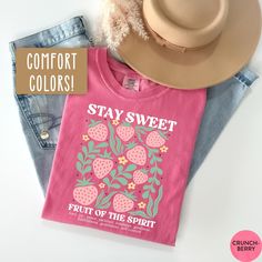 This Fruit of the Spirit Shirt is the perfect trendy Christian t shirt, Christian Merch, and Preppy Jesus Apparel! Our Comfort Colors tees are super soft, DTG printed (printed with ink), and 100% cotton. 🌞 SHOP KIDS' MATCHING SHIRTS BELOW!🌞 https://sunofamother.etsy.com/listing/1763405838/kids-boho-christian-strawberry-shirt ❗❗There may be a slight difference in the colors due to different monitors. ❗❗ 🌞 HOW TO ORDER 🌞 * Select your size and color from the drop-down menu * Add your shirt to cart. If you would like more than one, add each one to cart individually. * Proceed to check out! * Your shirt will be ready to ship in 1-3 days! 🌞 SIZING 🌞 Check the Size Chart and Fit Guide in the photos for reference! 🌞 PRODUCTION + SHIPPING 🌞 * Order Production: 1-3 business days  * Standard Cute Text Print Shirt For Spring, Casual Screen Print Shirt For Spring, Casual Spring Shirt With Funny Print, Pink Casual Tops With Comfortable Fit, Casual Pink Tops With Comfortable Fit, Casual Shirt With Text Print And Comfortable Fit, Pink Pre-shrunk Shirt For Spring, Spring Pink Pre-shrunk Shirt, Pink Cotton T-shirt For Fall