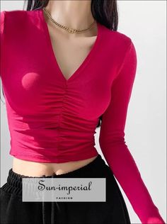 Women Long Sleeve Solid Casual v Neck Ruched Cropped Tee solid V Sun-Imperial United States Full Sleeve Tops For Women, Korean Outfits Ideas, Full Sleeves Top, Cute Edgy Outfits, Video Style, Imperial Fashion, V Top, Full Sleeve Top, Desi Fashion Casual