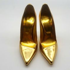 Versus Versace Gold 3 1/2 Inch Heels Size 39 Color Gold Condition New Never Been Worn 100% Authentic I Dont Sell Fake Brands All Items Can Be Verified At Store Locations Condition New Gold Court Shoes With Branded Heel Counter, Gold Court Shoes With Branded Heel, Gold Patent Leather Heels With Almond Toe, Luxury Gold Court Shoes With 4-inch Heel, Gold High Heel Court Shoes With Reinforced Heel, Luxury Pointed Toe Heels For Galas, Gold Almond Toe Patent Leather Heels, Gold Patent Leather Pointed Toe Heels, Gold Pointed Toe Patent Leather Heels