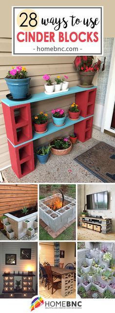 there are many different types of outdoor furniture in this collage with the words 28 ways to use cinder blocks