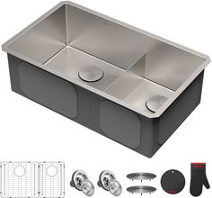 stainless steel double bowl kitchen sink with drainers, strainers and accessories for the faucet