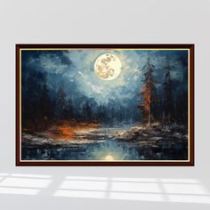 a painting hanging on the wall with a window in front of it and a full moon above