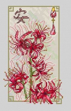 a cross stitch pattern with red flowers on it