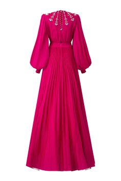 Scarlet Pleated Bishop Sleeved Silk Maxi Dress | MEAN BLVD Silk Ruched Pleated Dress For Formal Occasions, Formal Ruched Silk Pleated Dress, Silk Ruched Pleated Evening Dress, Silk Pleated V-neck Maxi Dress, Silk Ruched Pleated Dress For Party, Elegant Billowy V-neck Maxi Dress, Cocktail V-neck Dress With Elastic Sleeves, Fitted Pleated Dress With Lantern Sleeves, Formal Fitted Maxi Dress With Lantern Sleeves